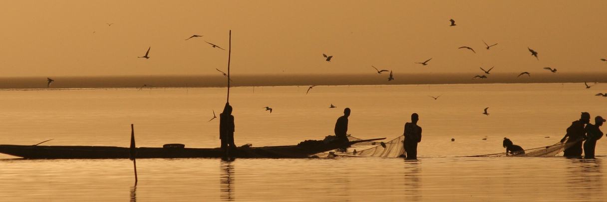 Pêcheurs relevant leurs filets au coucher du soleil.
